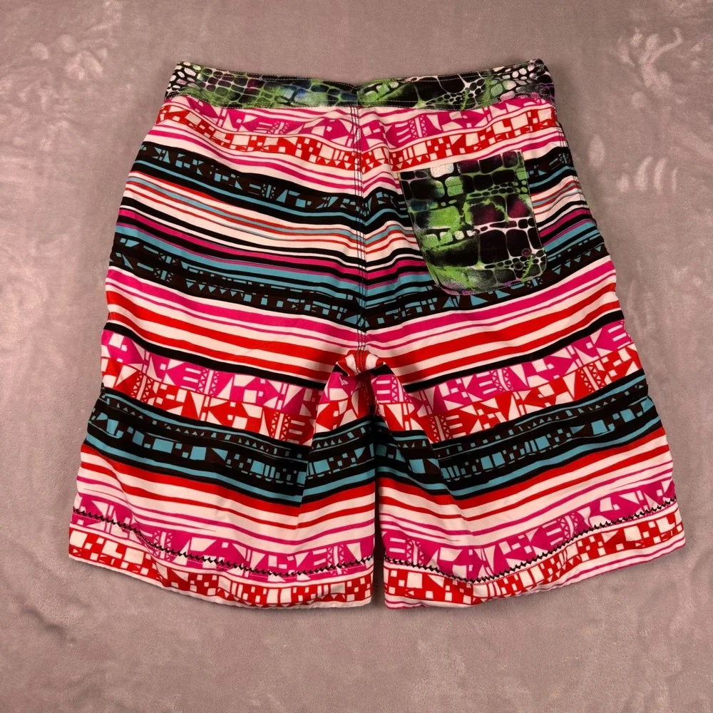 Robert Graham Mens 32‎ Swim Trunks Multicolor Geometric Striped Board Shorts*